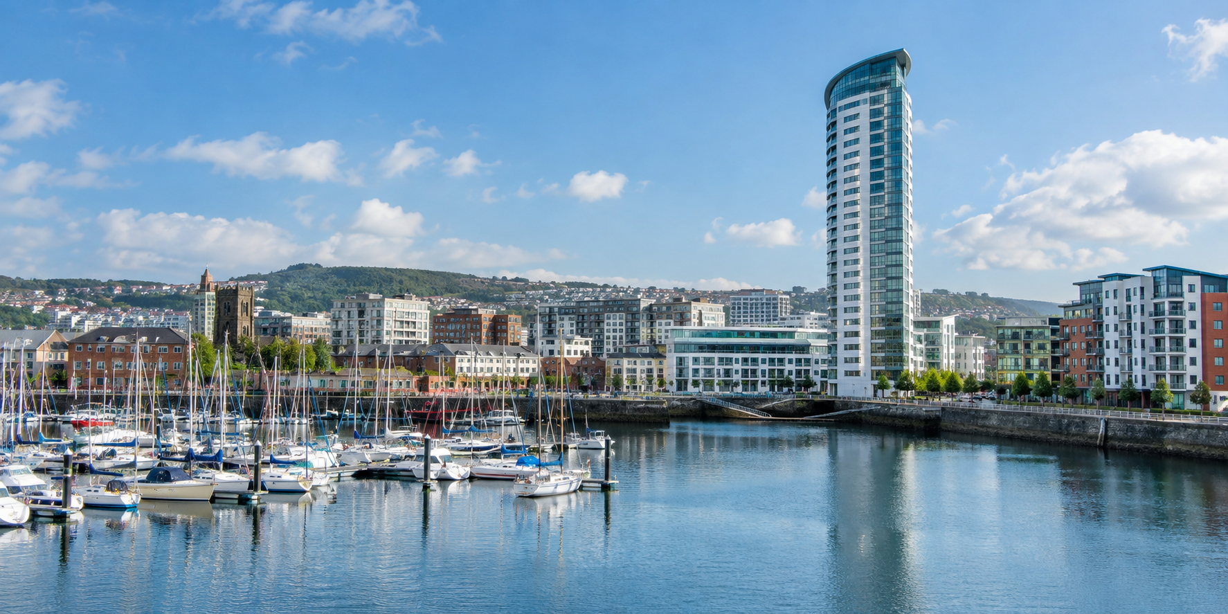 Daytime Swansea marina and Meridian Tower